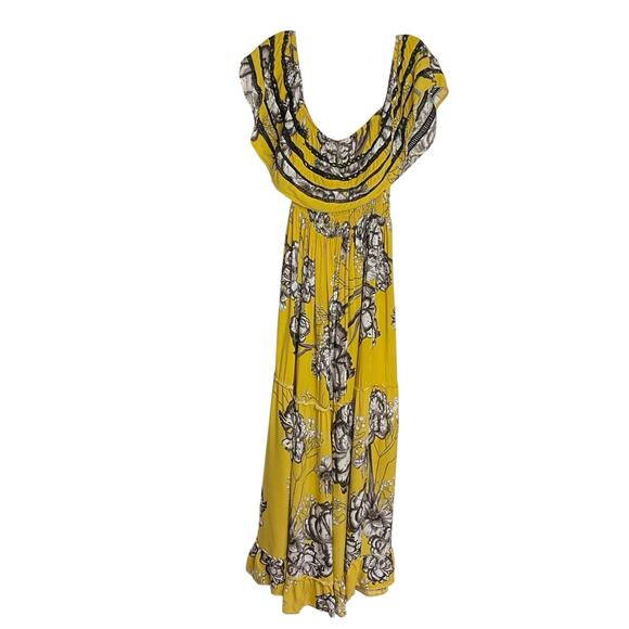 Jaase Karlie‎ Maxi Dress Womens L Yellow Golden Lillies Floral Off Shoulder Boho - Picture 2 of 9